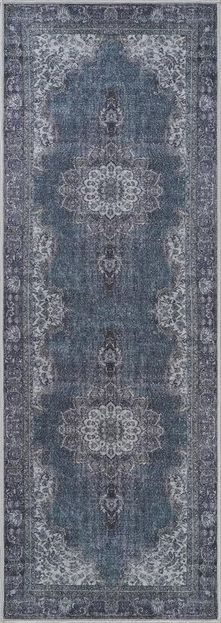 Bloom Rugs Washable Non-Slip 12 ft Runner - Dark Teal Traditional Medallion Runner for Entryway, Hallway, Bathroom, and Kitchen - Exact Size: 2.5' x 12'