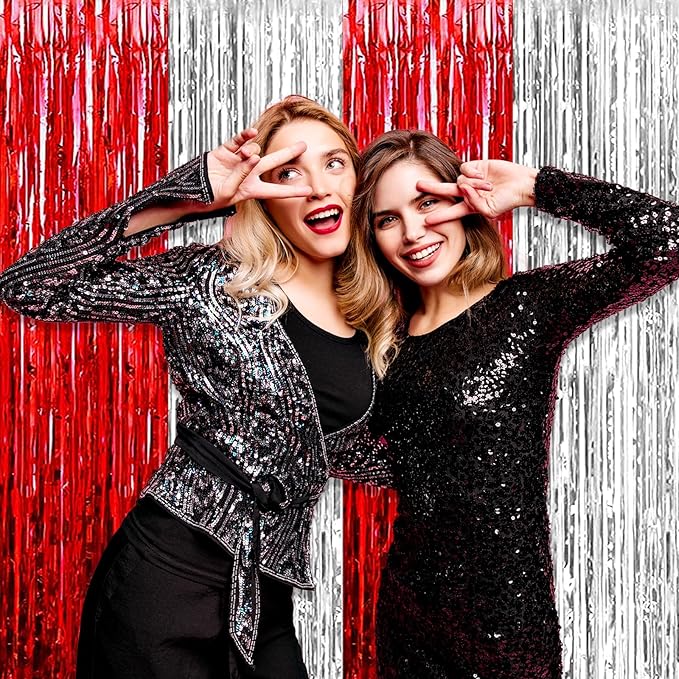 6 Pack Red Silver Foil Fringe Curtain Backdrop, 3.28Ft x 8.2Ft Metallic Tinsel Foil Fringe Streamer Curtains for Photo Booth, Birthday, Wedding, New Year Party Decorations