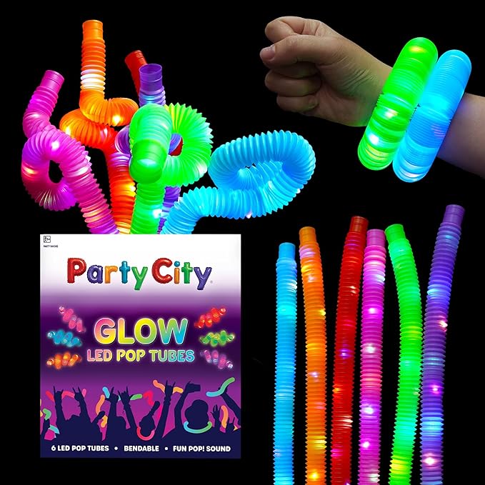 Party City 6pk LED Light Up Pop Tubes 25”- 3 Mode Stretchy Tubes LED Light Up Toys Bulk Glow Sticks Party Favors for Kids Necklaces Bracelets Neon Glow in the Dark Supplies Fidget Sensory Tube Pack
