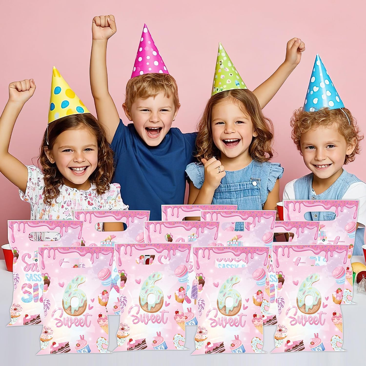 EoBeCy Sweet Sassy and Six Birthday Decorations for Girls, 50 Pcs 6th Birthday Plastic Treat Candy Goodie Treat Gift Bags with Handles, Pink Donut Ice Cream Themed 6 Year Old Party Favor Bags