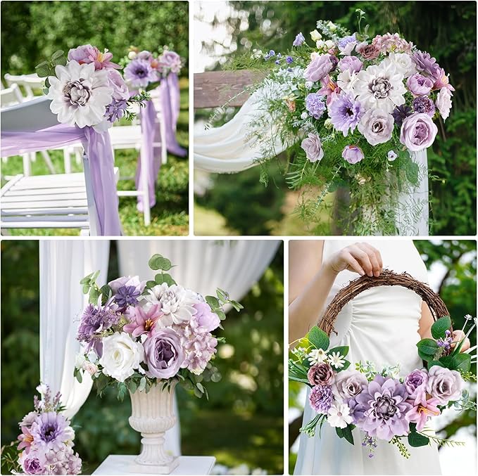 AmyHomie Lavender Artificial Flowers Combo Silk Mix Peony Rose Fake Flowers w/Stem for DIY Wedding Bouquets Centerpieces Arrangements Table Fall Decor Party Bridal Baby Shower Home Decorations