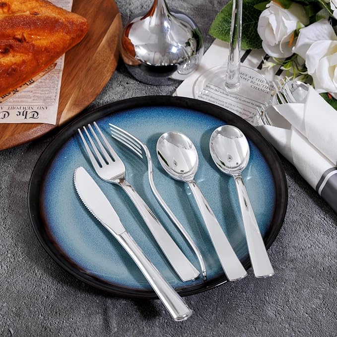 200Guests Pre Rolled Silver Plastic Silverware Sets - Heavy Duty Silver Cutlery - Include 200 Pack Wrapped Disposable Utensils with Napkins for Parties & Dinners & Weddings