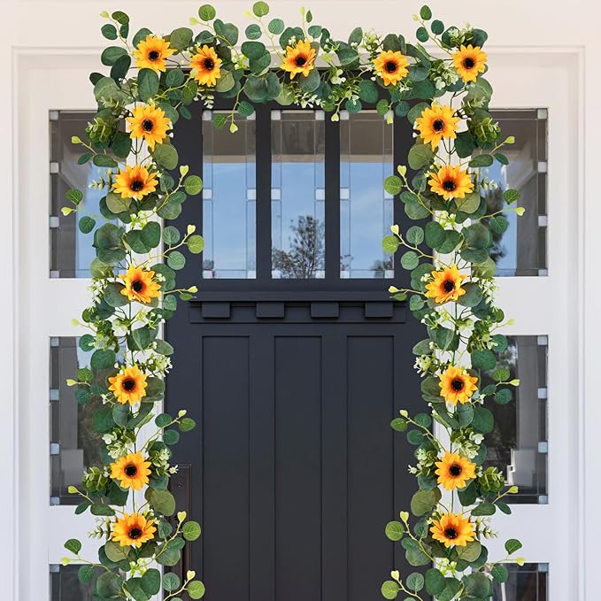 Uieke 2 Pack Artificial Sunflower Garland, 6ft/Strand Silk Sunflowers Hanging Vines Flowers Garland with Green Leaves for Room Kitchen Garden Birthday Wedding Baby Shower Party Table Decor