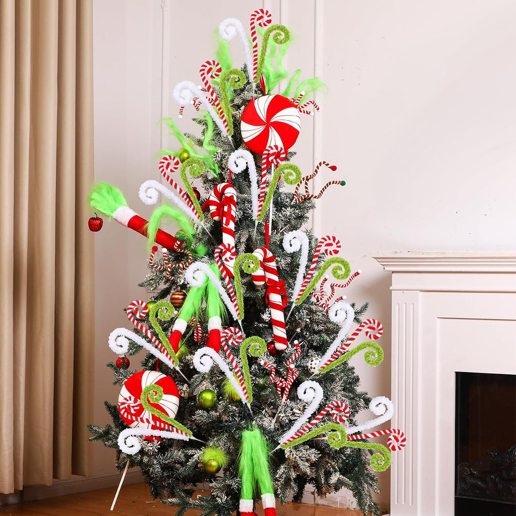 White Red and Green Christmas Tree Decor 16" Candy Cane Tree Pick Lime Green Xmas Topper Ornament Curly Stem Large Lollipop Branch Stick Elf Pick Spray for Home Wreath Vase Filler Craft Holiday Party