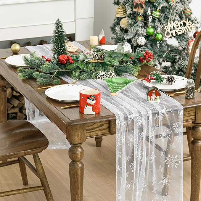 Artoid Mode Silver Snowflakes Christmas Gauze Table Runner 120 Inch 10FT, Seasonal Sheer Winter Kitchen Dining Holiday Wedding Table Decor for Home Party