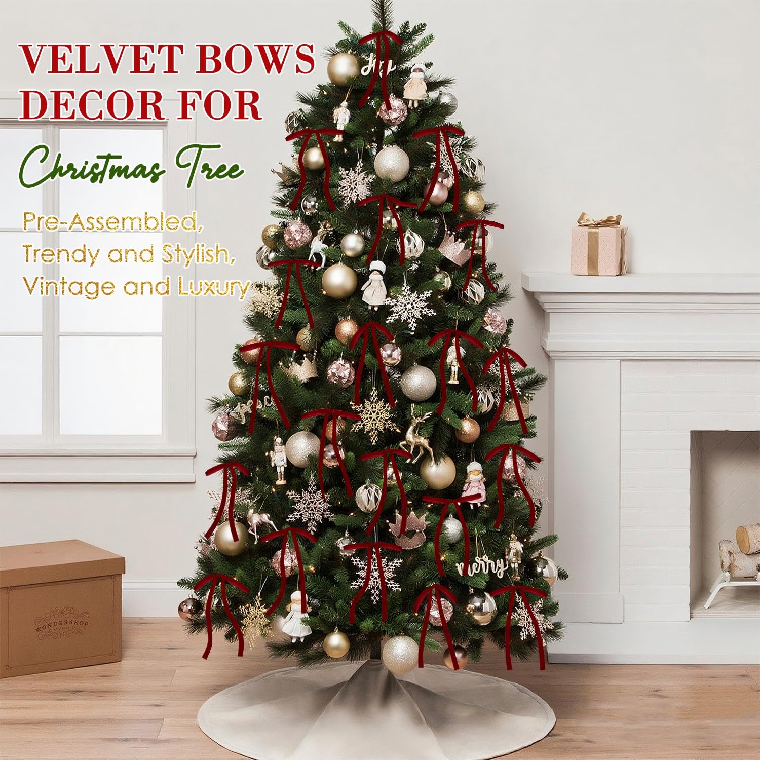 24 Pcs Burgundy/Wine Dark Red Velvet Bows Ornaments for Christmas Tree, Vintage Velvet Christmas Bows Tree Decorations, Indoor Home Decor for Wreath Mantle Gift Wrap Holiday Decor, 3/8'' W, 5 * 7 inch