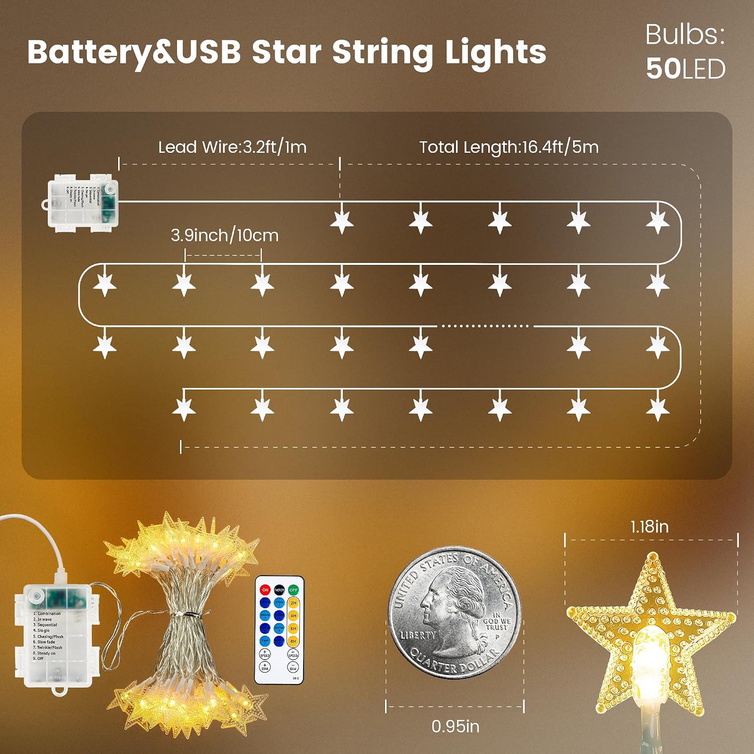 HEYFUNi Warm White Star String Lights with Remote, 16ft 50 LED | Cute Fairy Lights USB & Battery Operated, 8 Modes & Timer, Waterproof Hanging Star Decor for Bedroom, Nursery, Dorm Decor