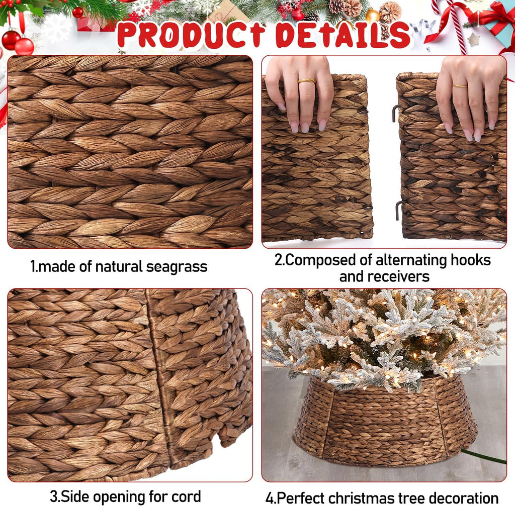 5-Piece Rattan Christmas Tree Collar - 24" Rustic Farmhouse Tree Skirt- Xmas Tree Base Cover for Christmas Decoration- Woven Holiday Tree Ring Accessory for Home, Living Room (Brown, 24 in)