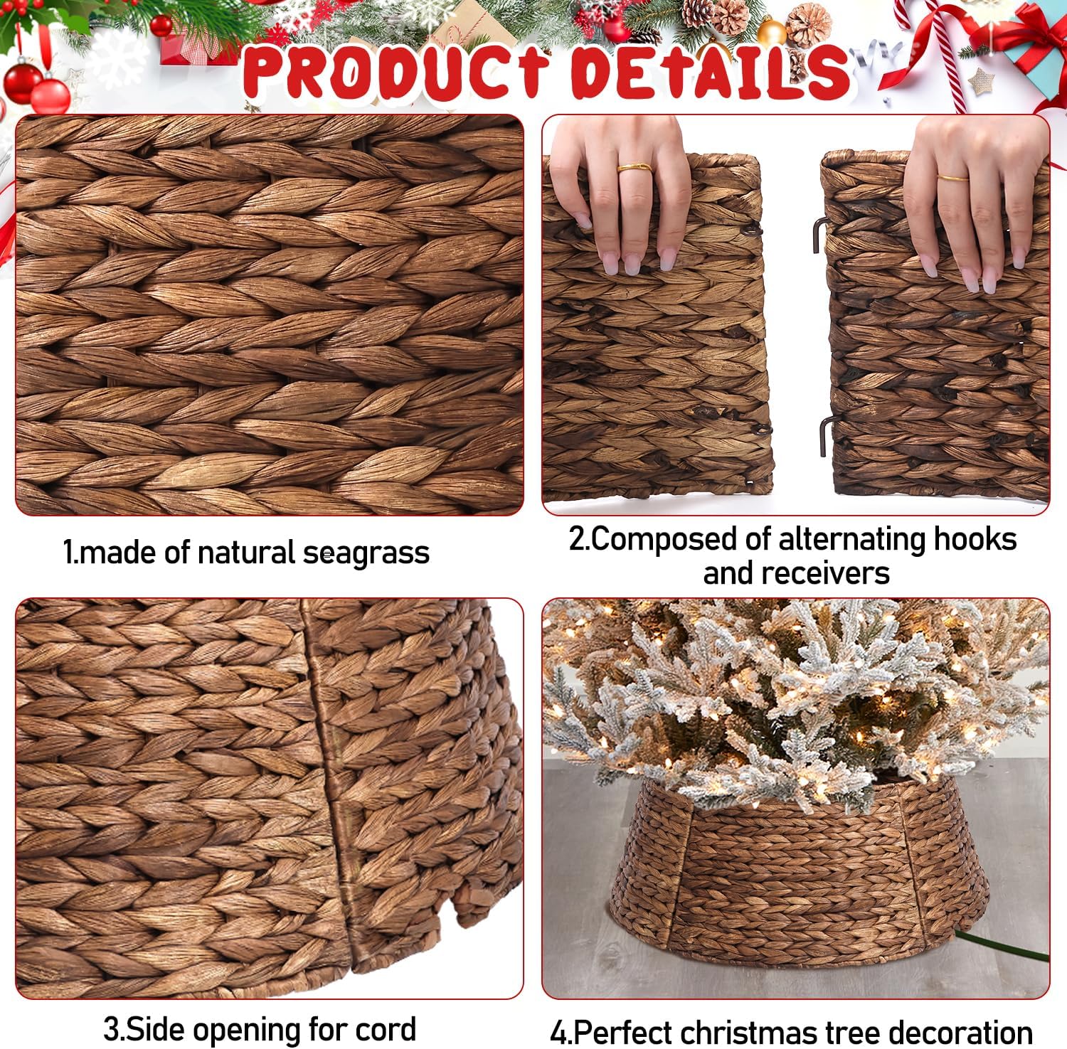 5-Piece Rattan Christmas Tree Collar - 24" Rustic Farmhouse Tree Skirt- Xmas Tree Base Cover for Christmas Decoration- Woven Holiday Tree Ring Accessory for Home, Living Room (Brown, 24 in)