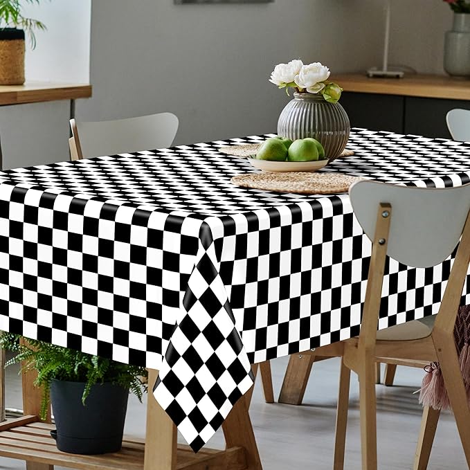 12Pack Table Cloth Rectangle Table, 54" x 108" Plastic Tablecloth, Black and White Checkered Table Covers, Waterproof Disposable Table Cloth for Outdoor Picnic Indoor Birthday Party Supplies Dinner