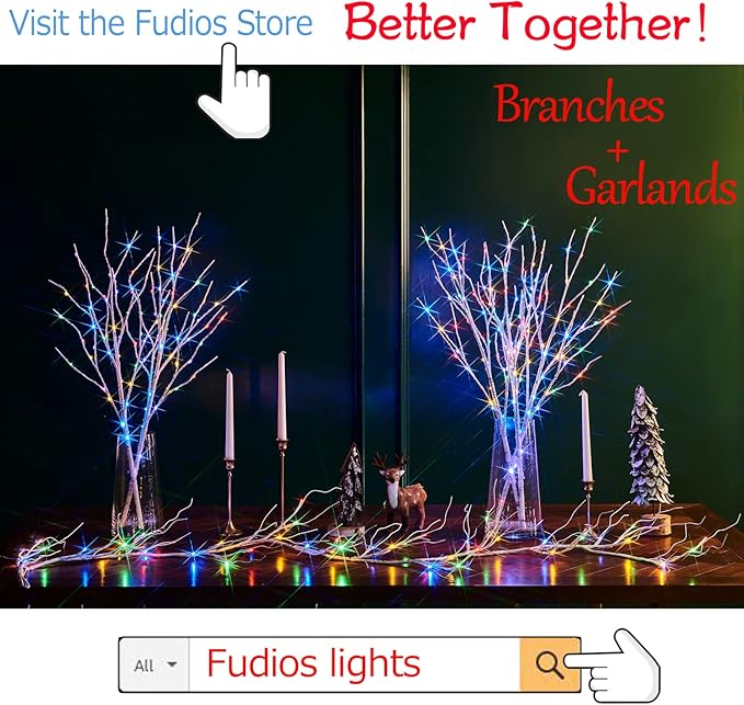Fudios Lighted White Birch Branches with 100 Multicolor LED Fairy Lights 32in 8 Fuctions, Battery Color Changing Christmas Twig Lights for Vase Indoor Holiday Decoration