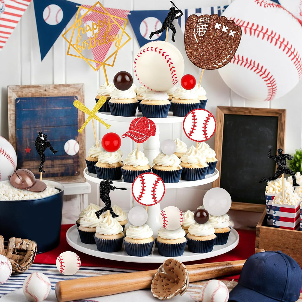 Hooqict 25Pcs Baseball Cake Decorations Set with Mini Balls, Player, Caps, Gloves, Bats, Baseball Birthday Cake Toppers & Cupcake Toppers for Kids Boys Sports Themed Birthday Party Decorations