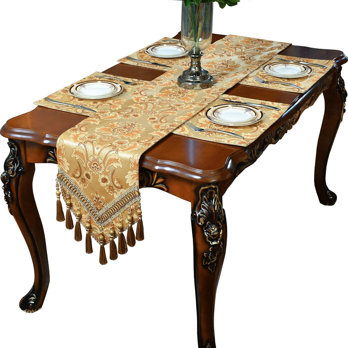 Luxury Velvet Gold Table Runner 90 Inches Long with Vintage Damask Jacquard D...