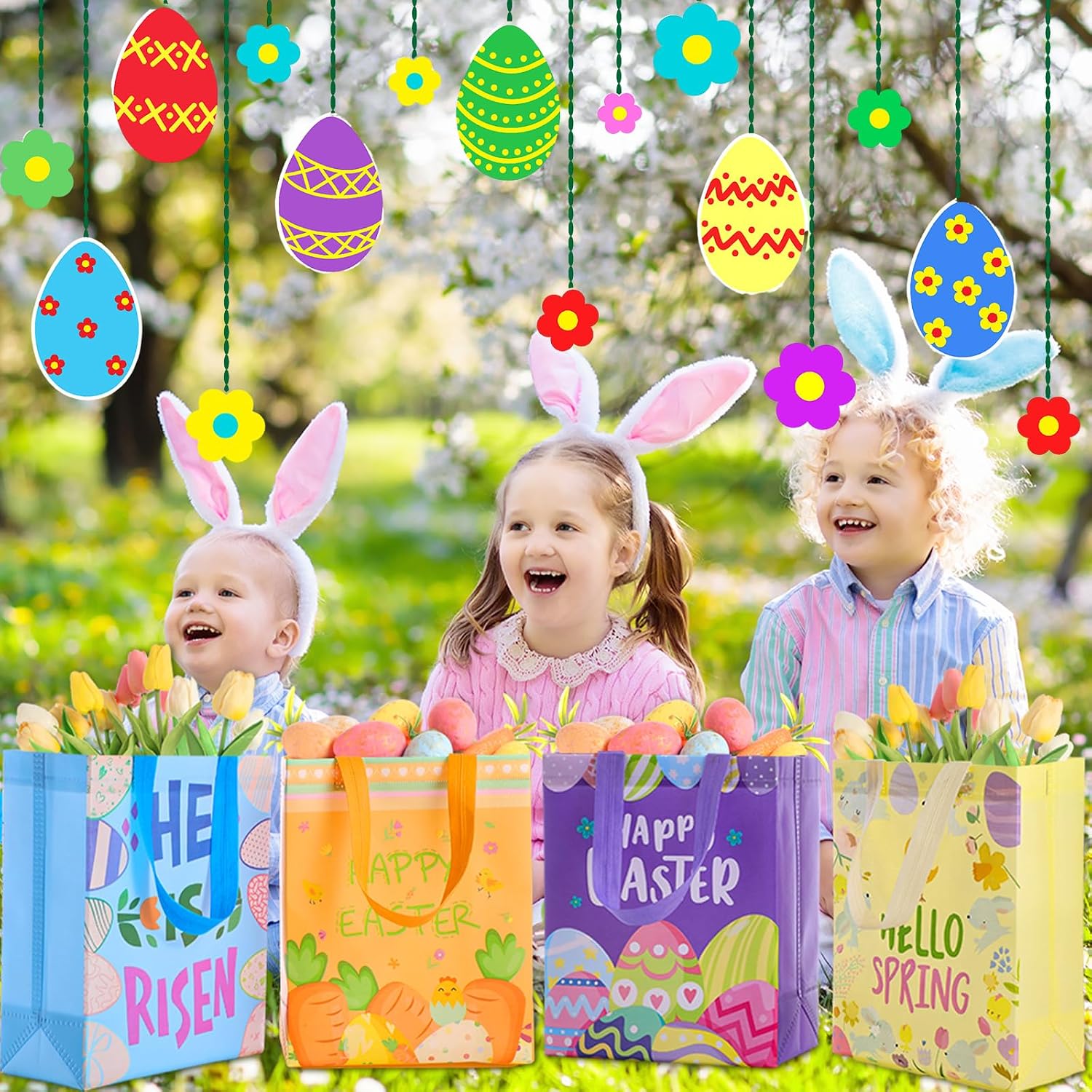 Clysee 12 Pcs Easter Gift Bags 10.2" x 8.3" Non Woven Easter Tote Bags with Handle Large Easter Bulk Treat Bags for Easter Holiday