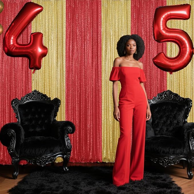 Red Sequin Backdrop Curtain 2 Pieces 2FTx8FT Glitter Photography Backdrop for Party Wedding Birthday Christmas Decorations