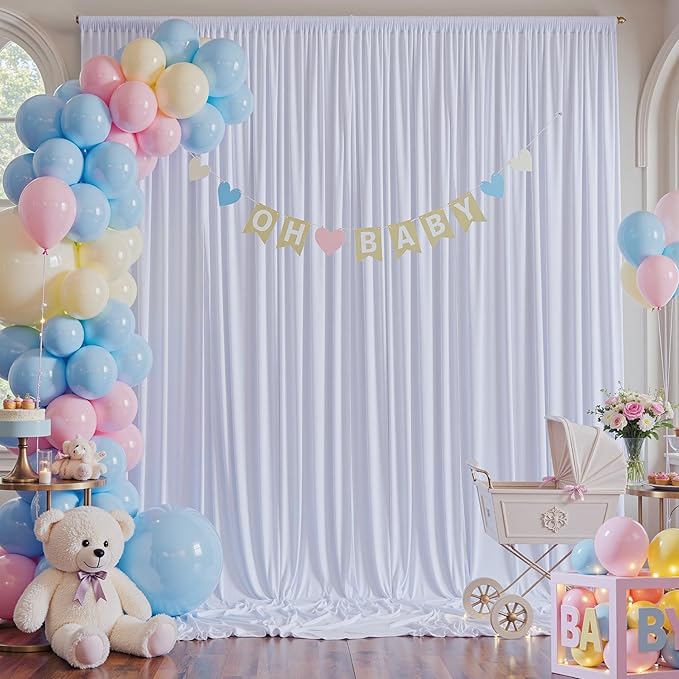 20×12ft White Wrinkle Free Backdrop Curtain for Wedding Parties, 4 Panels 5×12 ft Long Soft Silky Washable Polyester Photo Backdrop Drapes for Birthday Baby Shower Photography Background Cloth