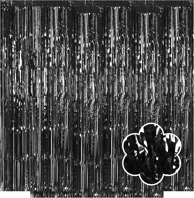 5 Pack Black Foil Curtain Backdrop 3.2ft x 9.8ft Metallic Tinsel Foil Fringe Curtains Streamer Photo Booth Backdrop for Birthday Party Engagement Bachelorette Party Decorations (Black)