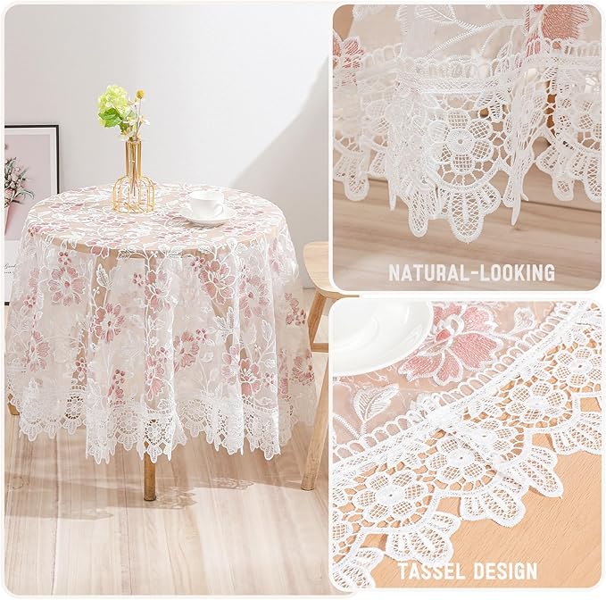 Round Embroidered Lace Tablecloth Vintage Decorative Exquisite Border Table Cover for Party Wedding Home Decorations, Round-70, White