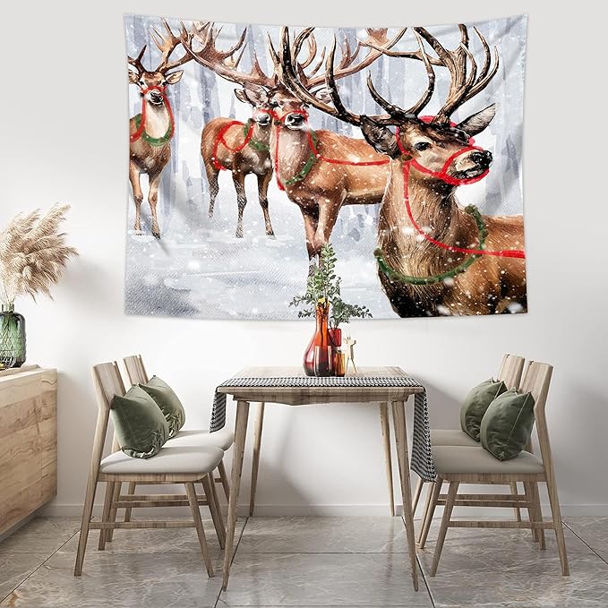 QGHOT Winter Tapestry Wall Hanging Winter Forest Backdrop Christmas Snowy Deer Wall Decor Snow Elk Tapestries for Bedroom Living Room Dorm Party Decoration, Large