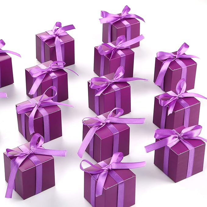 AWELL Purple Gift Candy Box Bulk 2x2x2 inches with Purple Ribbon Party Favor Box,Pack of 50