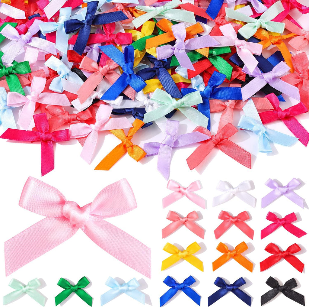 150PCS Tinkrstuff Colorful Mini Bows for Crafts, 1.5*2" Fabric Small Bows for Decoration,Satin Ribbon Tiny Bow for Clothes Ornament, Christmas Tree Bows &Thanksgiving Gifts Party Cake Balloon Treats