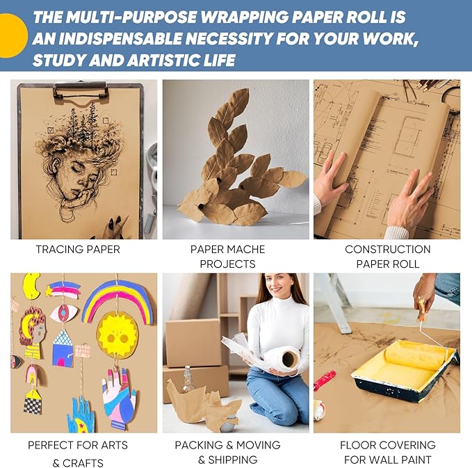 Wrapping Paper, 17.8" x 1200" Brown Kraft Paper Roll Bulletin Board Easel Poster Decorative Kraft Paper, Fathers Day Bouquet Flower Gift Wrap, Table Floor Covering Packing Shipping Moving Supplies