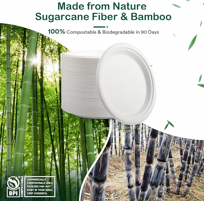 𝟕 𝐈𝐧𝐜𝐡, 𝟏𝟐𝟖-𝐏𝐚𝐜𝐤 Compostable Paper Plates, Heavy-Duty Biodegradable Disposable Dish Made from Bagasse, Perfeck for Snacks, Desserts, Party, Wedding and More (White)
