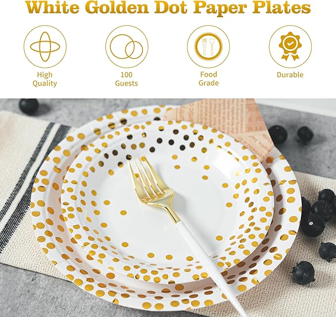 Lullaby 200PCS White Paper Plates, Disposable White and Gold Paper Plates, 100pcs Dinner Plates 9", 100pcs Dessert Plates 7", Party Plates with Golden Dot for Birthday, Gathering