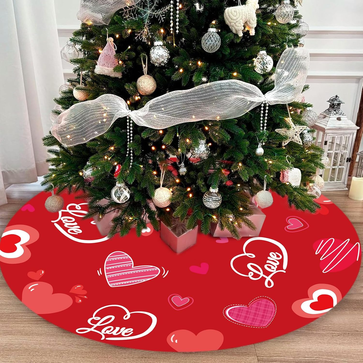 Valentine's Day Tree Skirt Valentine's Decor 36" Love Heart Clover Double Sided Print Mat for Trees St Patricks Day Decor Holiday Party Garden Indoor Home Decorations