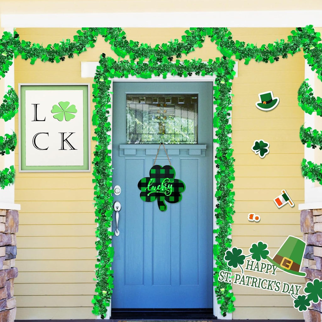 TURNMEON 3 Pack Total 49.2 Ft St.Patrick's Day Tinsel Garlands Decorations DIY Shamrocks Wreath for Front Door Irish Leprechaun Hat St.Patrick's Day Decorations Outdoor Indoor Home,16.4Ft by 4.3" Each