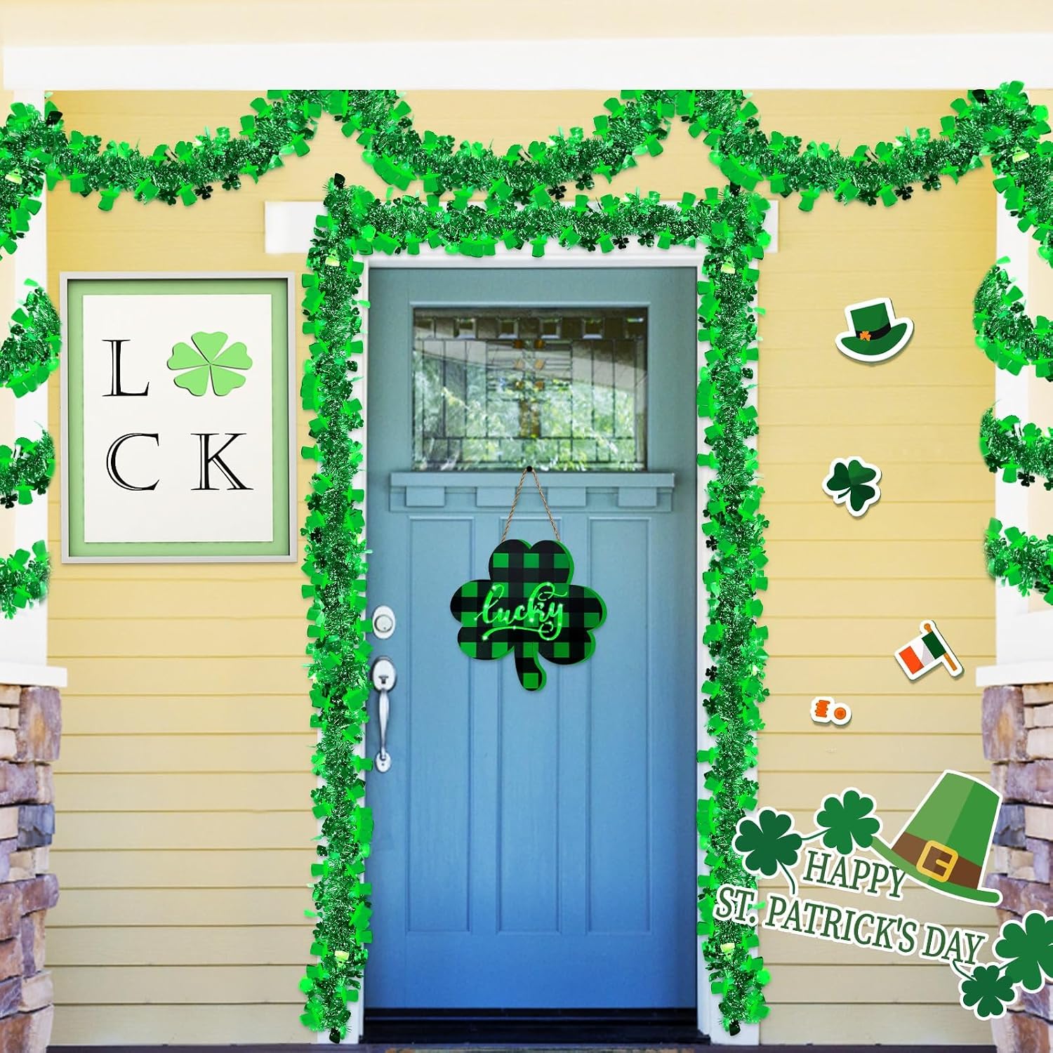 TURNMEON 3 Pack Total 49.2 Ft St.Patrick's Day Tinsel Garlands Decorations DIY Shamrocks Wreath for Front Door Irish Leprechaun Hat St.Patrick's Day Decorations Outdoor Indoor Home,16.4Ft by 4.3" Each