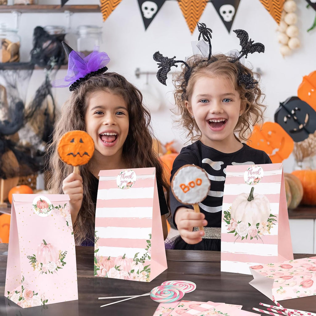 Sinasasspel 24Pcs Pumpkin Gift Bags with Thank You Stickers, Fall Paper Treat Bags Thanksgiving Party Favor Bags, Pink Little Pumpkin Candy Goodie Bags for Birthday Baby Shower Autumn Party Supplies