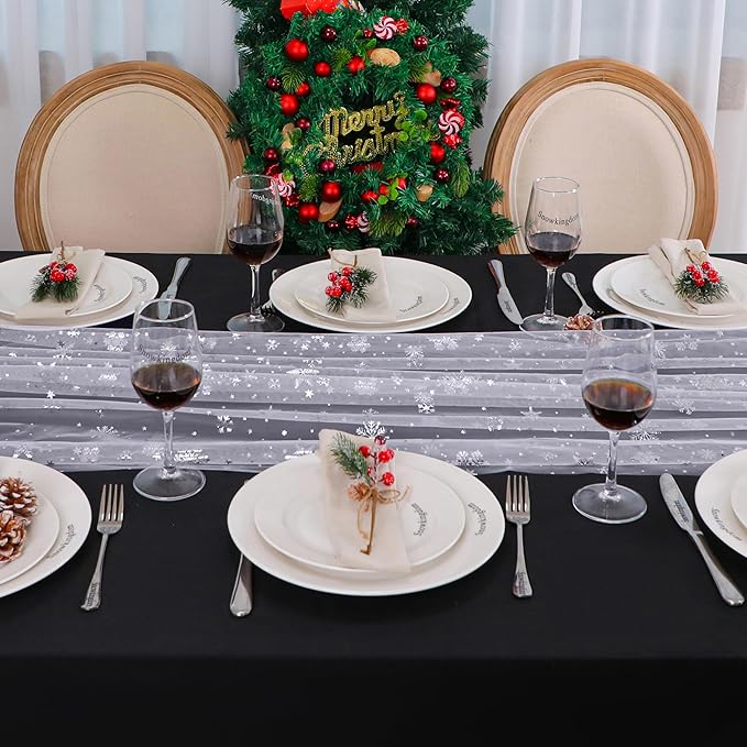 Snowkingdom 6 Pcs Christmas Snowflake Table Runners, 120 Inch Sheer Chiffon Gauze Cheesecloth, Silver Glitter Sequin Metallic Party Dining Table Decorations for Christmas Winter Holiday New Year