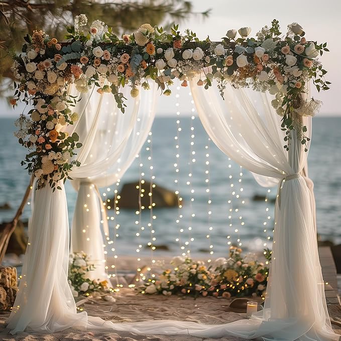 Tulle Backdrop Curtains with Lights String White 10FT X 8FT Sheer Curtain with Lights Tulle Curtains Backdrop for Wedding Birthday Party Baby Shower Photo Shoot (2 Panels 5x8FT)