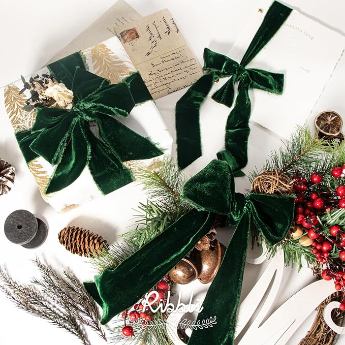 Ribbli Forest Green Velvet Ribbon 1.5 Inch Handmade Frayed Vintage Christmas Ribbon for Gift Wrapping Christmas Tree Ornament Wreath Craft Home Decor -Total 3 Yards with Wooden Spool