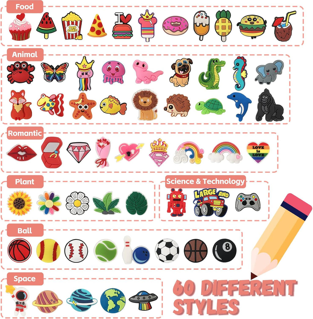 Zddaoole 60 Pcs Cute Pencil Topper Decoration, Different Pencil Clip Designs, Suitable for School Prize, Classroom Reward, Gift Idea