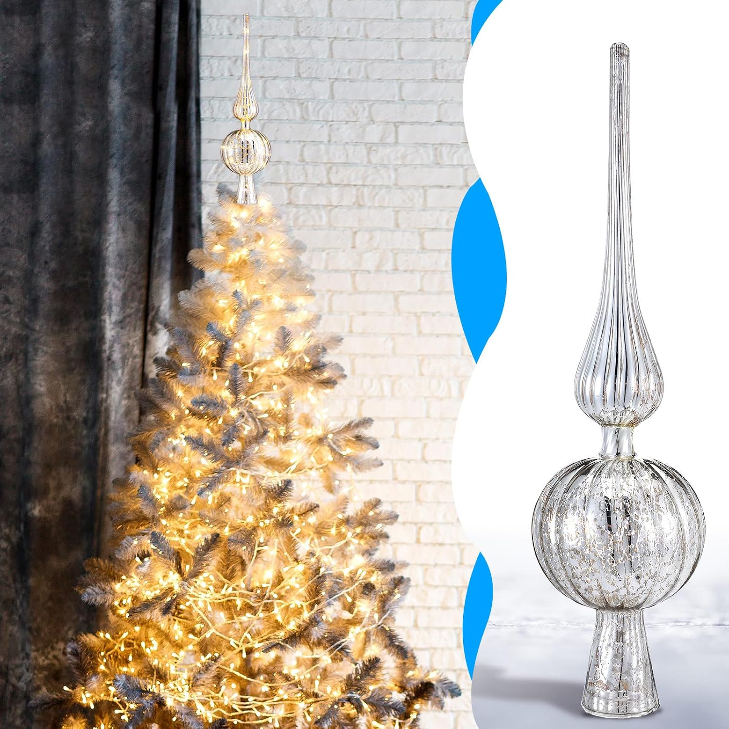 Gejoy Mercury Glass Finial Christmas Tree Topper 12 Inches Vintage Spherical Xmas Tree Topper Mid Century Christmas Ornament for Home Xmas Holiday Party Decorations(Sliver)