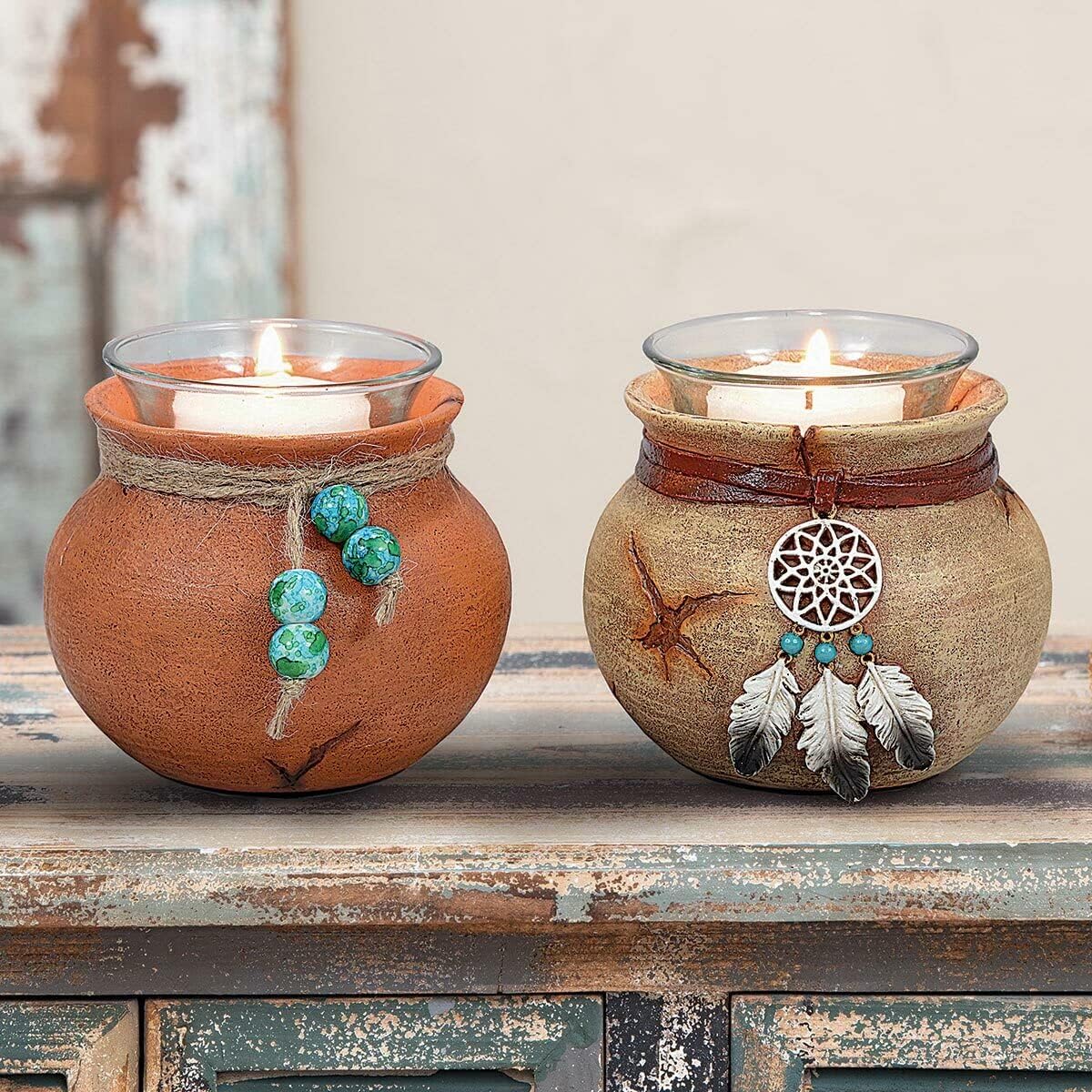 BLACK FOREST DECOR Southwest Pots Candle Holders – Set of 2 Rustic Votive Holders – Twine & Bead Accent – 3.6" x 2.8"