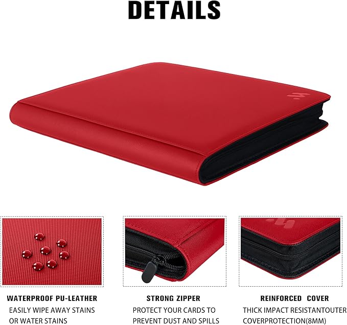 Premium 1000+ Pockets Card Binder,16 Pockets Trading Card Binder Ringless Side Loading Trading Card Album Folder for TCG -Red