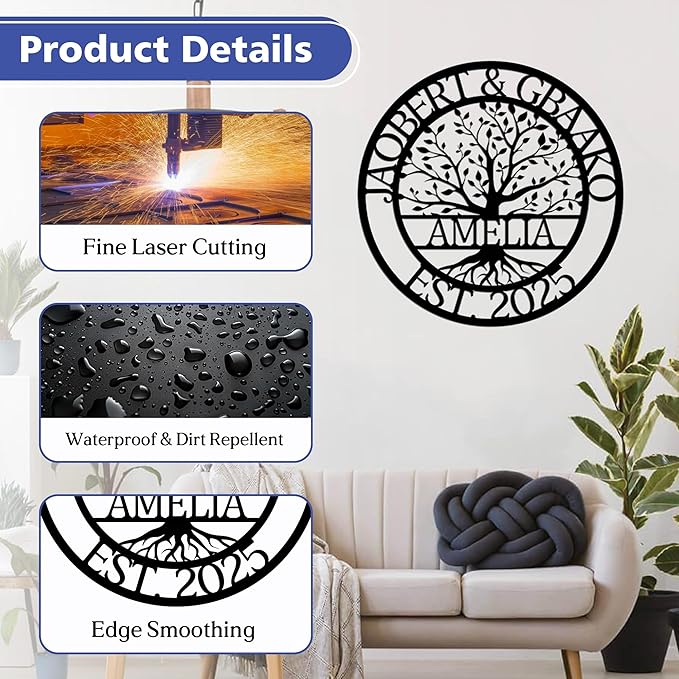 Custom Tree Of Life Metal Signs Wall Art, Personalized Family Last Name Outdoor Metal Signs, Wedding Gifts For Couple, Name Sign Customized Christmas Valentine's Day Housewarming Gifts