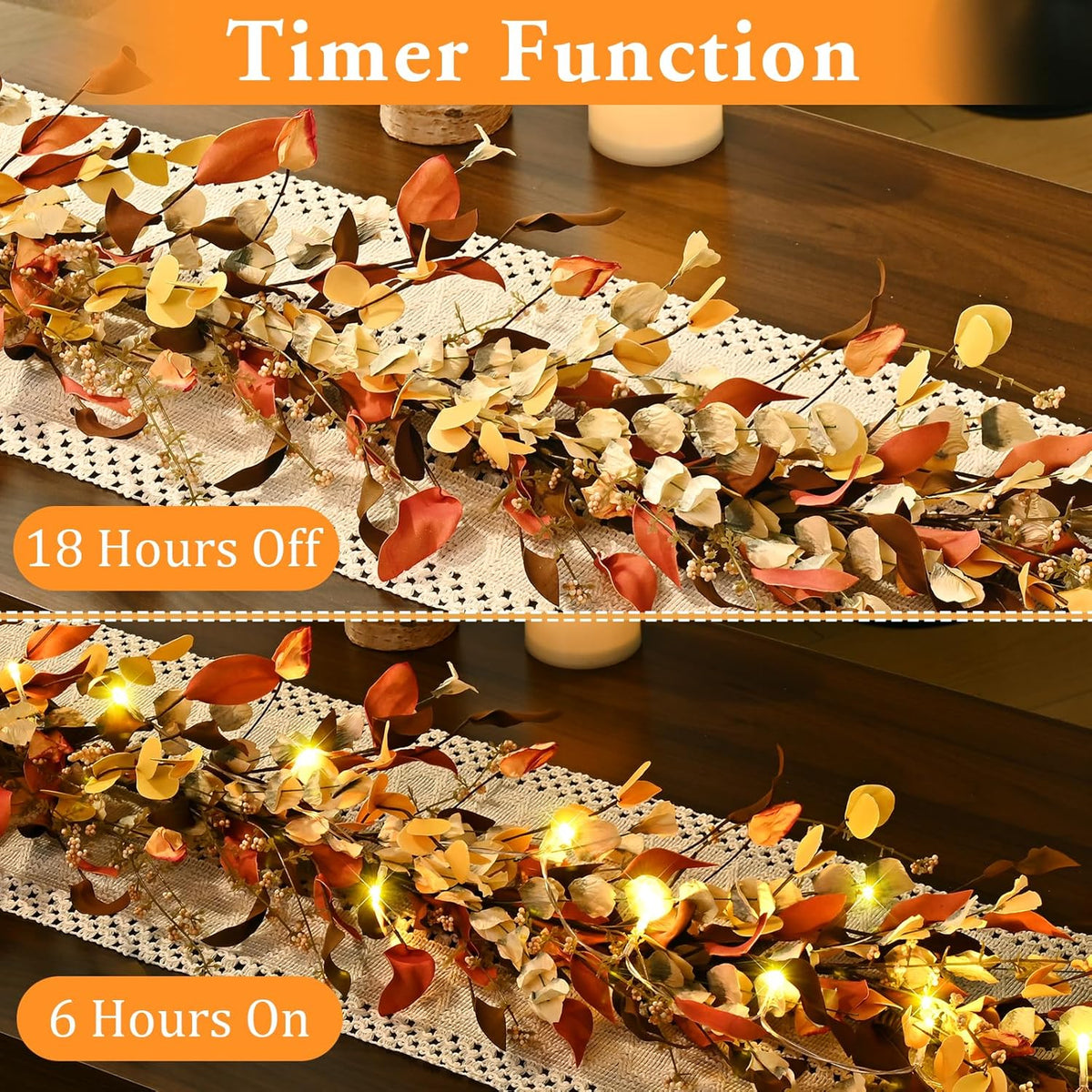 waipfaru fall decor, 6ft fall garland with lights, side view