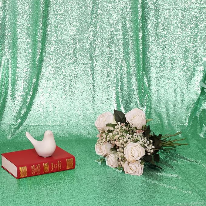 Eternal Beauty Mint Green Sequin Backdrop, 4x7 Ft Glitter Background Curtains for Shimmer Photography Party Wedding Birthday Back Drop Decor
