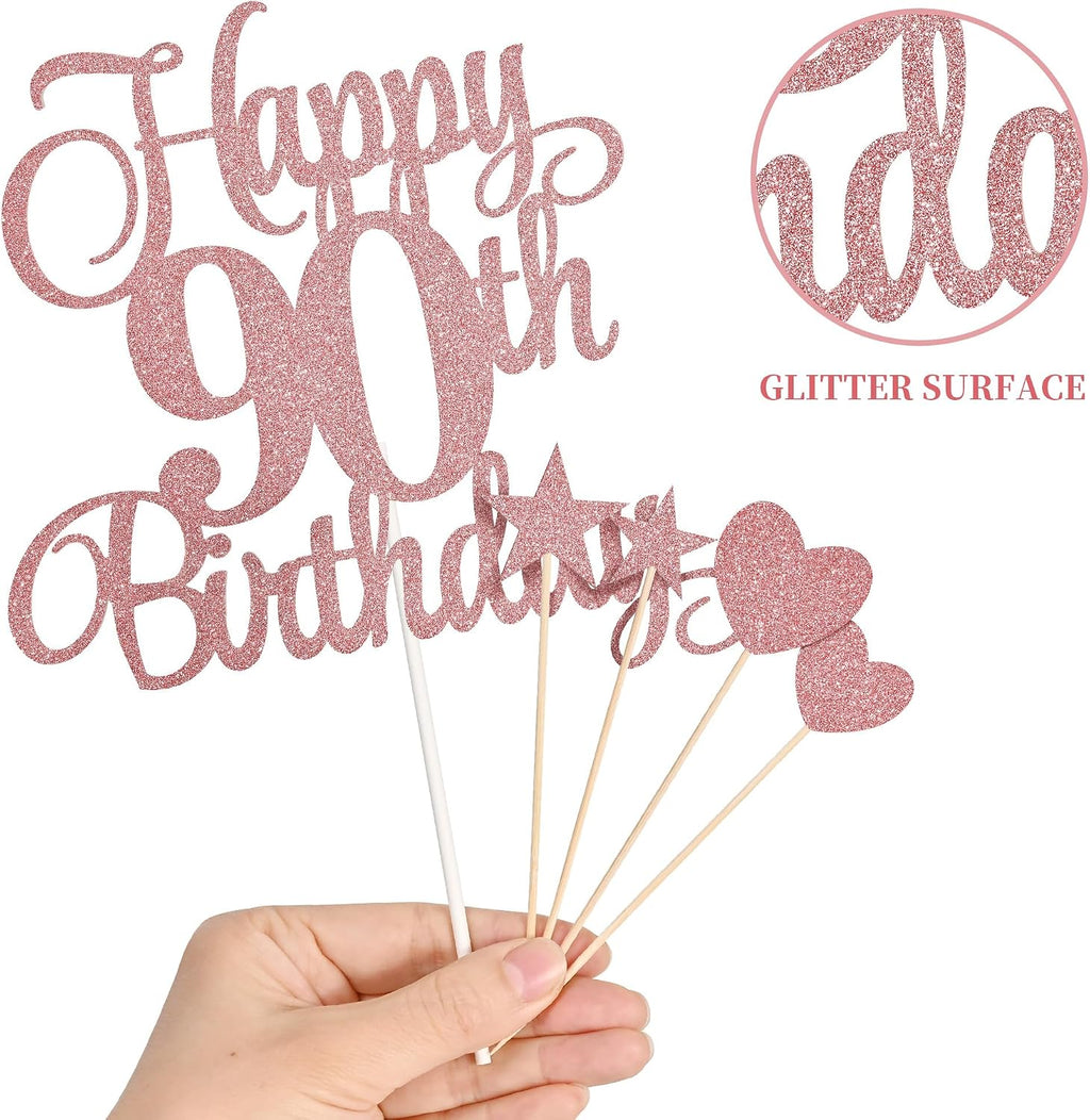 90th Birthday Cake Toppers, 90th Birthday Candles Numeral Candles and Glitter Cake Decorations Toppers Set for Party Supplies (Rose Gold)