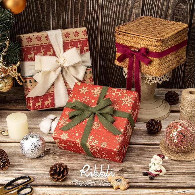 Ribbli 3 Rolls Christmas Ribbon 1.5 Inch x 18 Yards Ivory Burgundy Moss Handmade Cotton Frayed Fringe Ribbons for Gift Wrapping Wedding Invites Bridal Bouquets DIY Crafts Christmas Home Decor