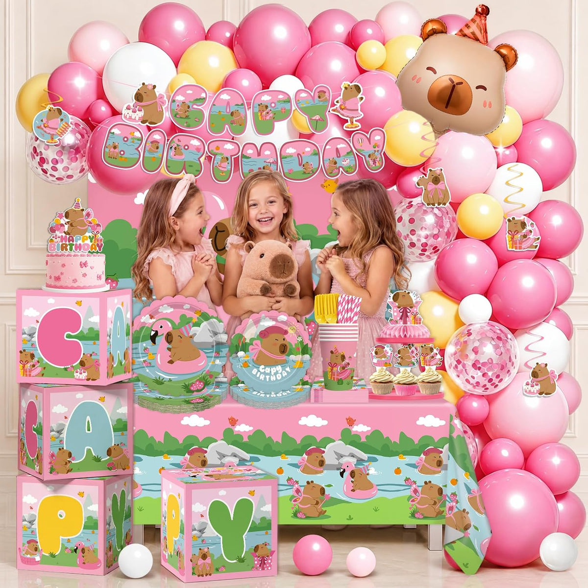 pink capybara birthday party decorations balloon arch set on a desk or shelf
