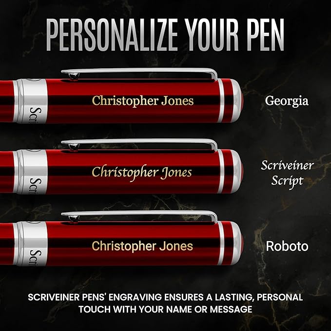 Scriveiner Personalized Deep Crimson Red Pen - Stunning Red Lacquer Luxury Pen with Chrome FinishGerman Schmidt Nib (Medium), Best Engraved Fountain Pen Gift Set for Men & Women, Name Engraving
