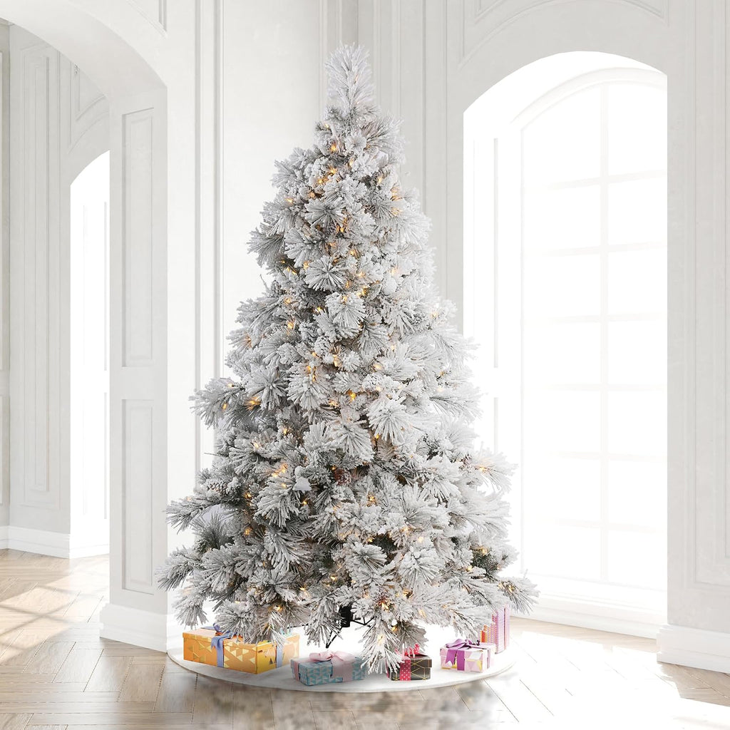 vickerman 9' flocked alberta artificial christmas tree, pure, front angle view