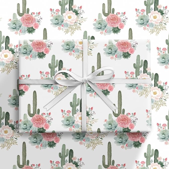 RUSPEPA Cactus Floral Wrapping Paper Roll, Mini Roll, Elegant Cacti and Roses Design, Soft Pink and Green Gift Wrap for Wedding, Birthdays, Baby Shower, Spring and Summer Party, 17 Inches x 16.4 Feet