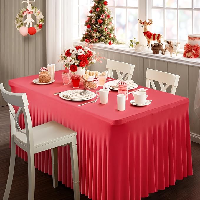 2 Pack Red Spandex Table Clothes for 8 Foot Rectangle Tables, 8FT Wrinkle Free Fitted Tablecloths Ruffles Design Stretch Table Cover for Party, Banquet, Wedding and Events