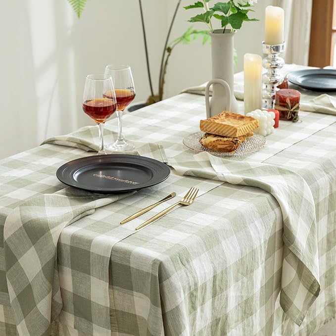 EVERLY 100% Yarn-Dyed Linen Rectangle Tablecloths 60x144Inches for Dining,Buffet Parties,Picnic,Events and Restaurants,Decorative Halloween,Thanksgiving Machine Washable Tablecloths-Sage Green Plaid